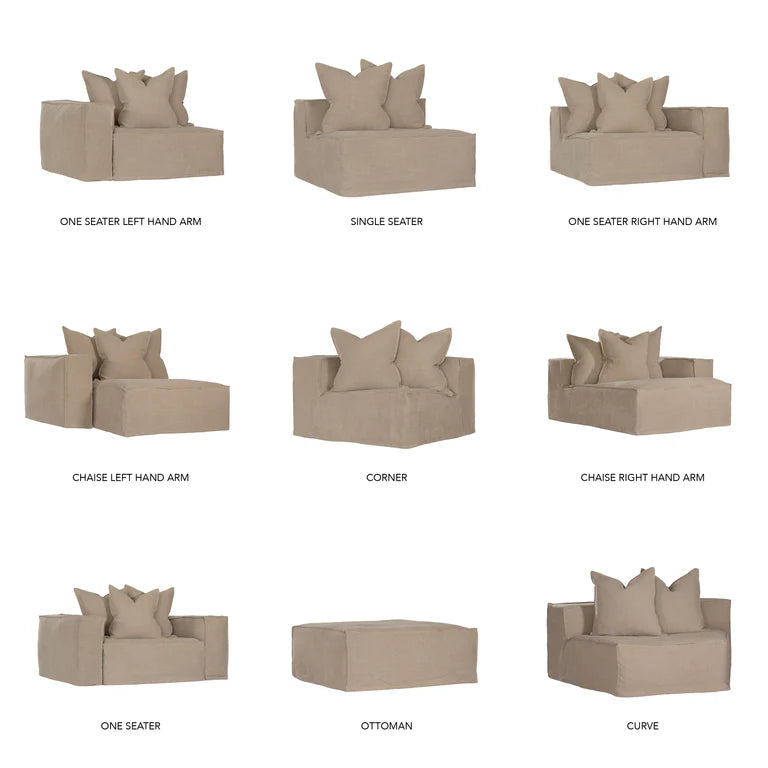 Uniqwa Hendrix modular sofa suite with feather cushioning and removable slipcover, timber frame modern coastal sofa with scatter cushions, available in multiple colours.