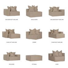 Load image into Gallery viewer, Uniqwa Hendrix modular sofa suite with feather cushioning and removable slipcover, timber frame modern coastal sofa with scatter cushions, available in multiple colours.
