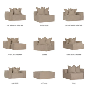 Hendrix modular Sofa suite, with feather cushioning and removable slipcover, timber frame modern coastal sofa with scatter cushions, available in multiple colours.