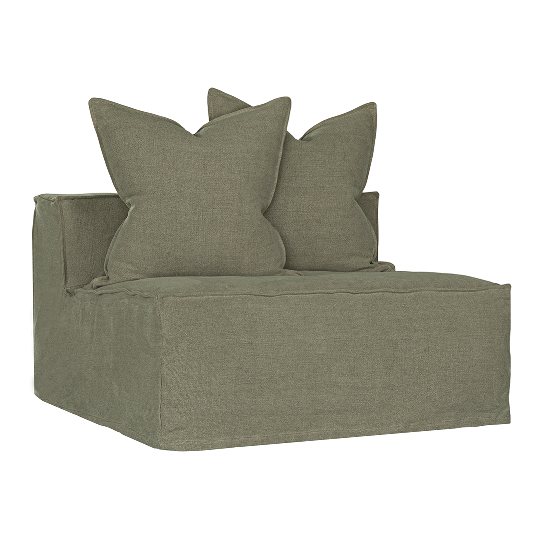 Hendrix Armless Sofa Module in Bay Leaf, Classic stitch, front three-quarter view