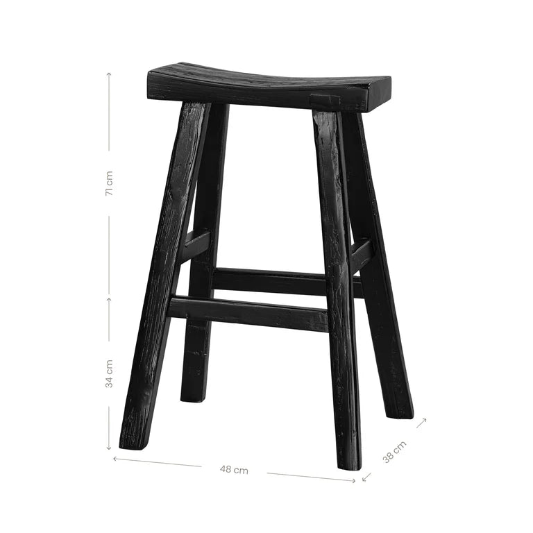 Handmade reclaimed elm wood barstool in a painted black finish, featuring natural variations for a unique coastal or villa style. By Uniwqa Collections, sold by Magnolia Lane Australia wide delivery. Dimensions.