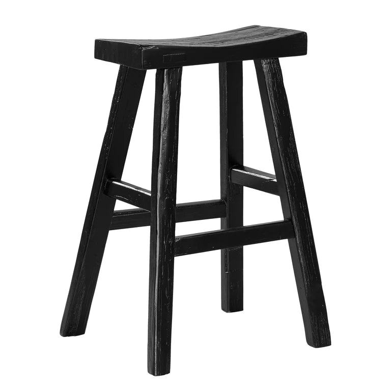 Handmade reclaimed elm wood barstool in a painted black finish, featuring natural variations for a unique coastal or villa style. By Uniwqa Collections, sold by Magnolia Lane Australia wide delivery. Side angle perspective.