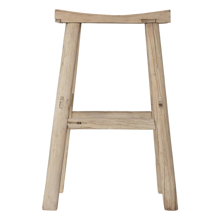 Handmade reclaimed elm wood barstool with bleached finish, featuring natural variations for a unique coastal or villa style. By Uniwqa Collections, sold by Magnolia Lane Australia wide delivery. Front perspective.