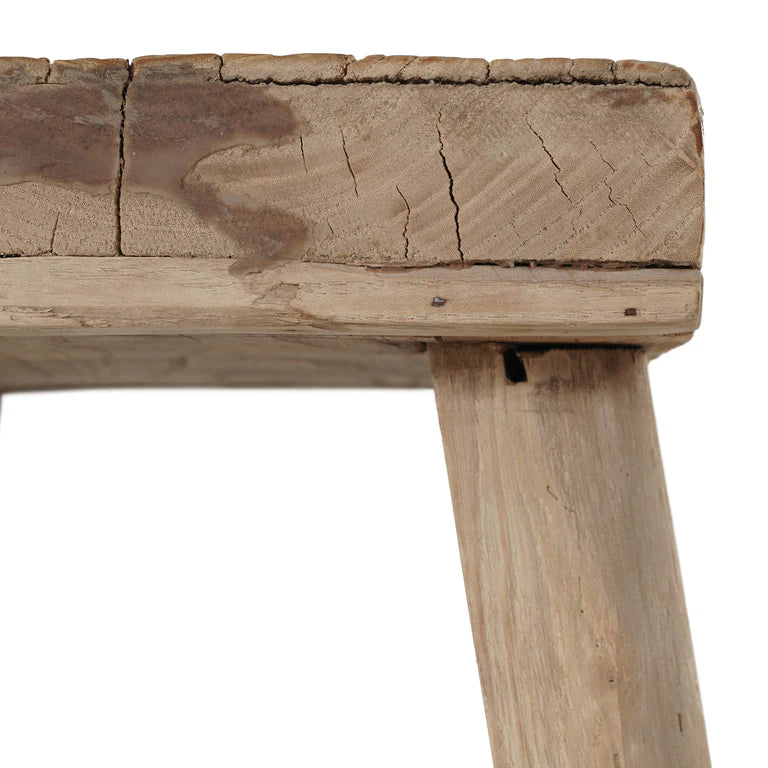 Handmade reclaimed elm wood barstool with bleached finish, featuring natural variations for a unique coastal or villa style. By Uniwqa Collections, sold by Magnolia Lane Australia wide delivery. Seat detail perspective.