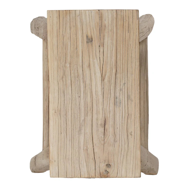 Handmade reclaimed elm wood barstool with bleached finish, featuring natural variations for a unique coastal or villa style. By Uniwqa Collections, sold by Magnolia Lane Australia wide delivery. Seat perspective.