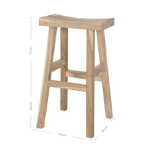 Load image into Gallery viewer, Kusina Barstool by Uniqwa Collections, crafted from solid reclaimed teak with a sleek sanded finish. Featuring natural timber grains and a curved seat, this durable and elegant bar stool adds character to dining spaces, restaurants, or bars. Dimensions.