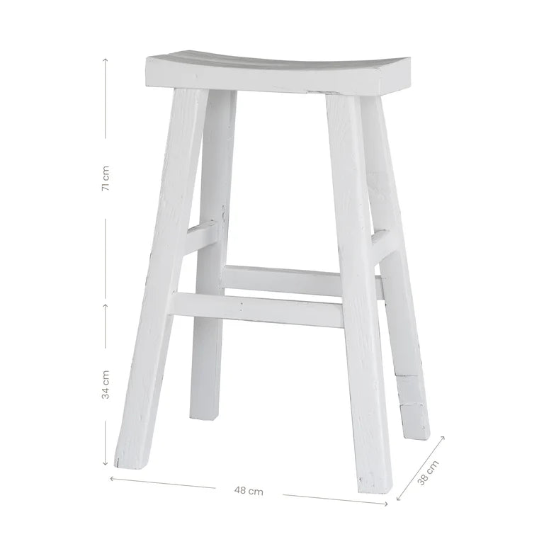 Handmade reclaimed elm wood barstool in a painted white finish, featuring natural variations for a unique coastal or villa style. By Uniwqa Collections, sold by Magnolia Lane Australia wide delivery. Dimensions.