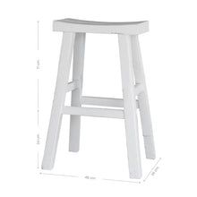 Load image into Gallery viewer, Handmade reclaimed elm wood barstool in a painted white finish, featuring natural variations for a unique coastal or villa style. By Uniwqa Collections, sold by Magnolia Lane Australia wide delivery. Dimensions.