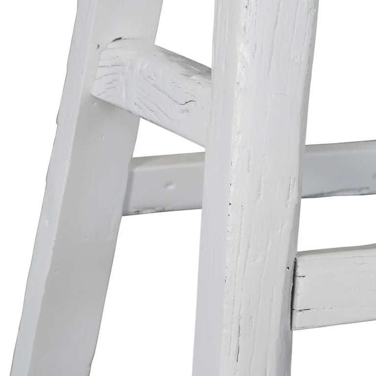 Handmade reclaimed elm wood barstool in a painted white finish, featuring natural variations for a unique coastal or villa style. By Uniwqa Collections, sold by Magnolia Lane Australia wide delivery. Leg detail.