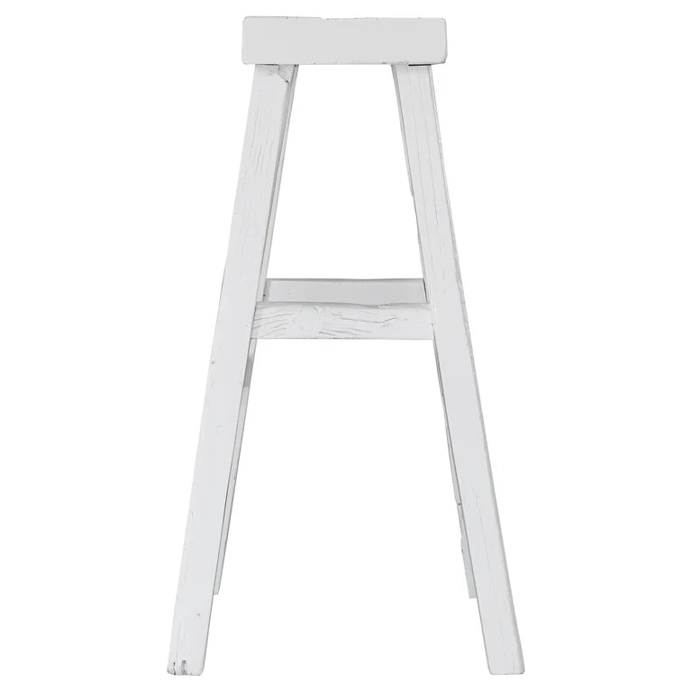Handmade reclaimed elm wood barstool in a painted white finish, featuring natural variations for a unique coastal or villa style. By Uniwqa Collections, sold by Magnolia Lane Australia wide delivery. Side perspective.
