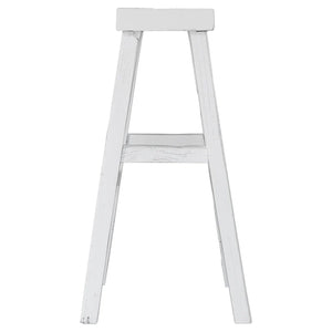 Handmade reclaimed elm wood barstool in a painted white finish, featuring natural variations for a unique coastal or villa style. By Uniwqa Collections, sold by Magnolia Lane Australia wide delivery. Side perspective.