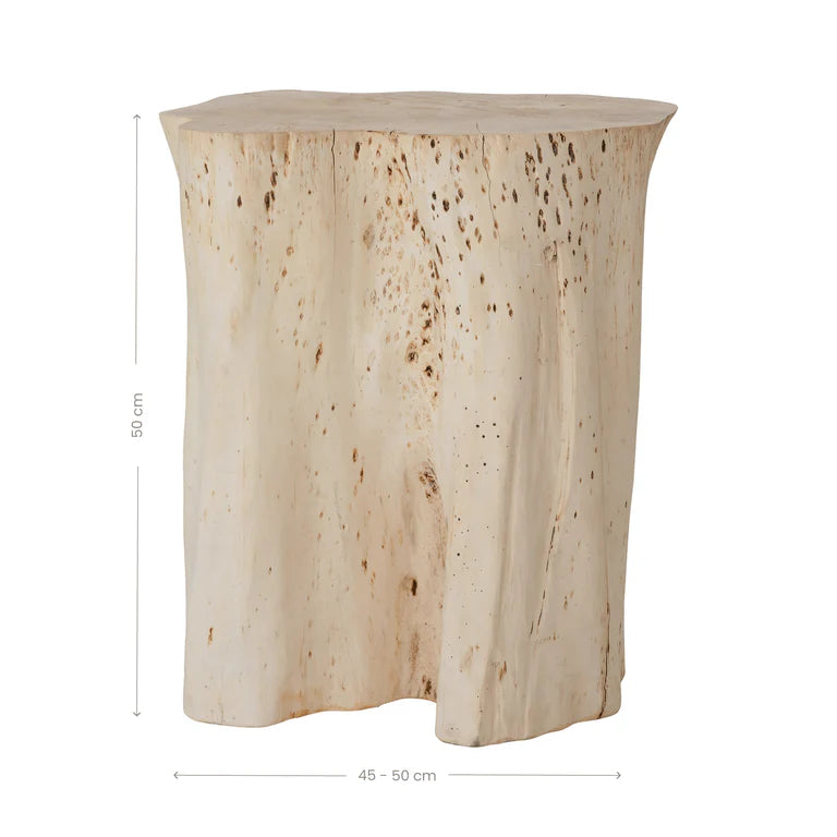 Malani Side Table handcrafted from Bodhi Fig Tree root with natural organic shape and warm wood tones – each piece uniquely formed by nature. Showing dimensions.