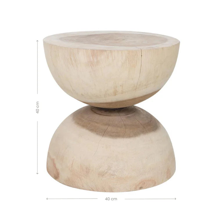 Mele Stool handcrafted from solid Munggur wood with unique grain, natural cracks, and organic form – doubles as a side or bedside table. Dimensions.