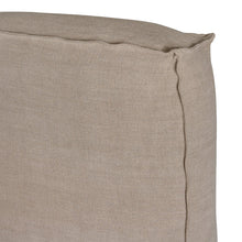 Load image into Gallery viewer, Hendrix Bedhead in oatmeal with feather cushioning and removable linen slipcover, timber frame upholstered bedhead for modern coastal bedroom style.  Corner detail.