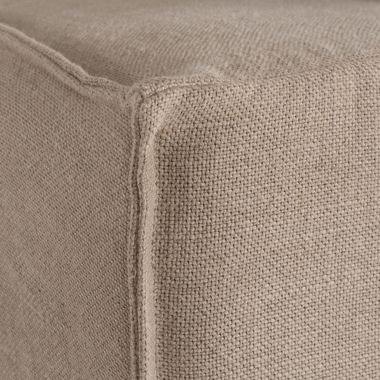 Hendrix Bedhead in oatmeal with feather cushioning and removable linen slipcover, timber frame upholstered bedhead for modern coastal bedroom style.