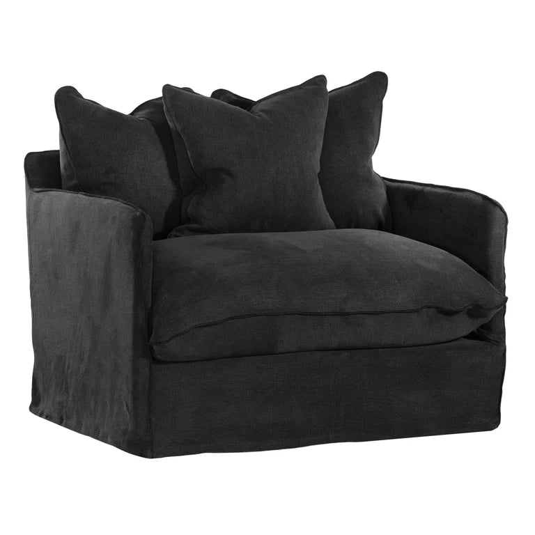 Singita Sofa with hardwood frame, feather-filled cushions and removable slipcovers in luxury linen in black.