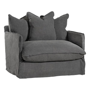Singita Sofa with hardwood frame, feather-filled cushions and removable slipcovers in luxury linen in charcoal.