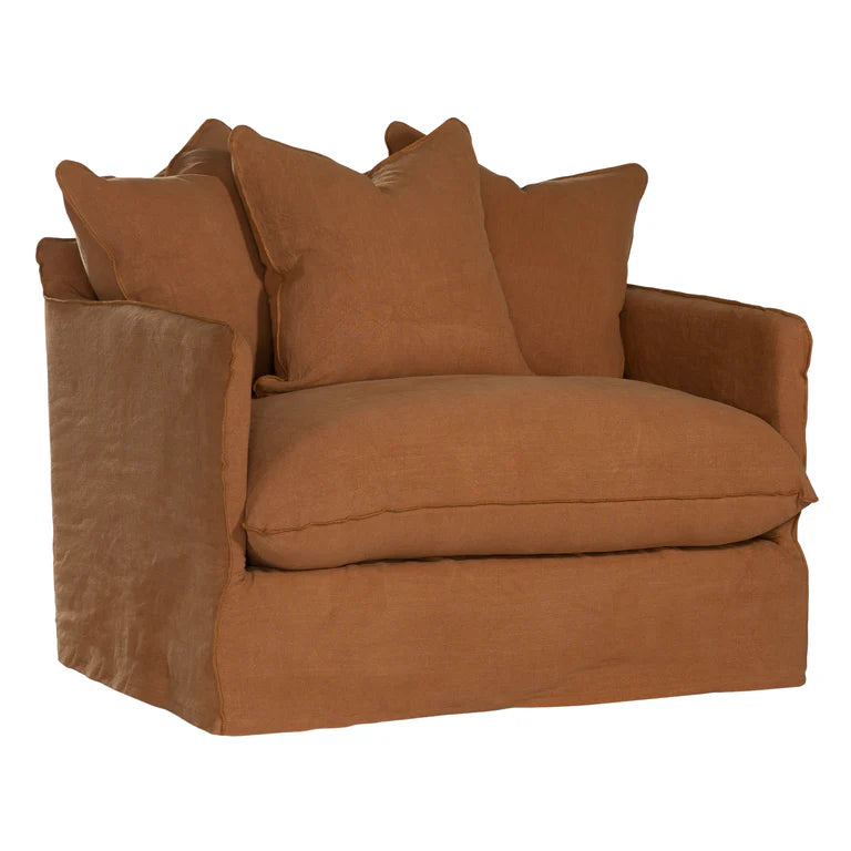 Singita Sofa with hardwood frame, feather-filled cushions and removable slipcovers in luxury linen in Clay.
