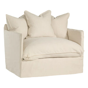 Singita Sofa with hardwood frame, feather-filled cushions and removable slipcovers in luxury linen in sand.