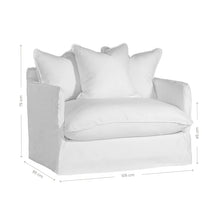 Load image into Gallery viewer, Singita Sofa with hardwood frame, feather-filled cushions and removable slipcovers in luxury linen in white. Showing dimensions.