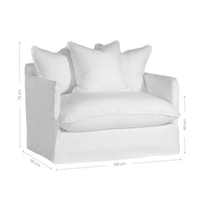 Singita Sofa with hardwood frame, feather-filled cushions and removable slipcovers in luxury linen in white. Showing dimensions.