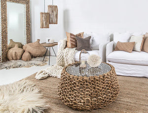 Singita Sofa with hardwood frame, feather-filled cushions and removable slipcovers in luxury linen.  Styled perfectly in this coastal home.