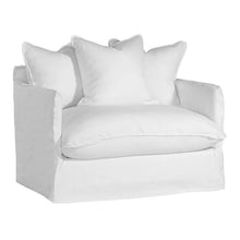 Load image into Gallery viewer, Singita Sofa with hardwood frame, feather-filled cushions and removable slipcovers in luxury linen in white. Front side perspective.