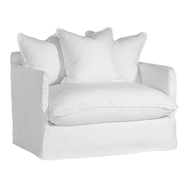 Singita Sofa with hardwood frame, feather-filled cushions and removable slipcovers in luxury linen in white. Front side perspective.