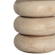 Load image into Gallery viewer, Rundu Table Lamp handcrafted from solid munggur wood with hand-carved textured grooves, showcasing natural wood variations and a soft ambient glow. Close up on natural base.