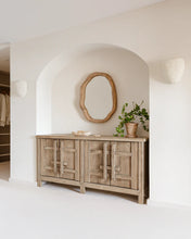 Load image into Gallery viewer, Bulu Buffet handcrafted from reclaimed timber with weathered finish and carved details, timeless coastal sideboard with organic texture and sculptural simplicity.  Modern coastal interior.