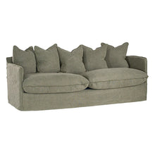 Load image into Gallery viewer, Singita Three Seater Sofa with hardwood frame, feather-filled cushions and removable slipcovers in luxury linen in bay leaf.