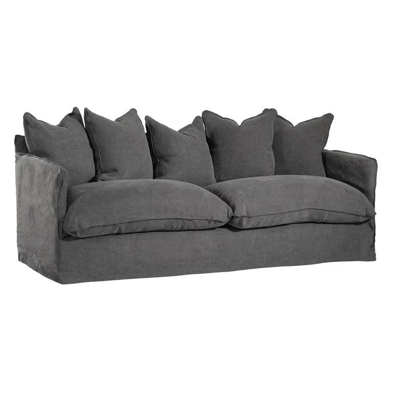 Singita Three Seater Sofa with hardwood frame, feather-filled cushions and removable slipcovers in luxury linen in charcoal.
