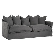 Load image into Gallery viewer, Singita Three Seater Sofa with hardwood frame, feather-filled cushions and removable slipcovers in luxury linen in charcoal.