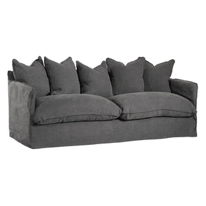 Singita Three Seater Sofa with hardwood frame, feather-filled cushions and removable slipcovers in luxury linen in charcoal.