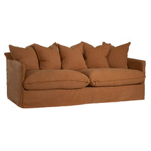 Load image into Gallery viewer, Singita Three Seater Sofa with hardwood frame, feather-filled cushions and removable slipcovers in luxury linen in clay.