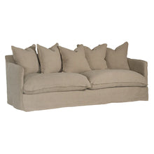 Load image into Gallery viewer, Singita Three Seater Sofa with hardwood frame, feather-filled cushions and removable slipcovers in luxury linen in oatmeal.