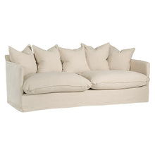 Load image into Gallery viewer, Singita Three Seater Sofa with hardwood frame, feather-filled cushions and removable slipcovers in luxury linen in sand.