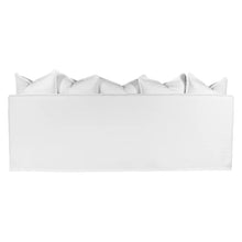 Load image into Gallery viewer, Singita Three Seater Sofa with hardwood frame, feather-filled cushions and removable slipcovers in luxury linen in white. Back perspective.