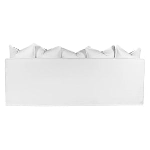 Singita Three Seater Sofa with hardwood frame, feather-filled cushions and removable slipcovers in luxury linen in white. Back perspective.