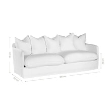 Load image into Gallery viewer, Singita Three Seater Sofa with hardwood frame, feather-filled cushions and removable slipcovers in luxury linen in white.  Showing dimensions.