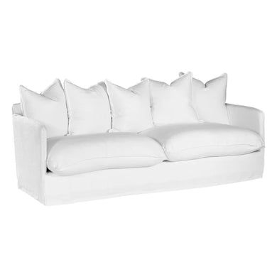 Singita Three Seater Sofa with hardwood frame, feather-filled cushions and removable slipcovers in luxury linen in white.