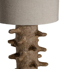 Load image into Gallery viewer, Sula Table Lamp handcrafted from eco-friendly papier-mâché with an organic spike design, casting a soft ambient glow and unique shadow play. Close up view