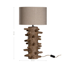 Load image into Gallery viewer, Sula Table Lamp handcrafted from eco-friendly papier-mâché with an organic spike design, casting a soft ambient glow and unique shadow play. Showing dimensions