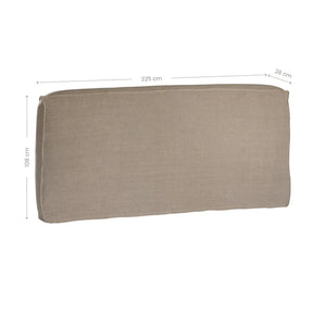 Hendrix Bedhead in oatmeal with feather cushioning and removable linen slipcover, timber frame upholstered bedhead for modern coastal bedroom style.  Showing dimensions 1.