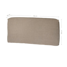 Load image into Gallery viewer, Hendrix Bedhead in oatmeal with feather cushioning and removable linen slipcover, timber frame upholstered bedhead for modern coastal bedroom style.  Showing dimensions.