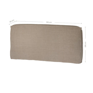 Hendrix Bedhead in oatmeal with feather cushioning and removable linen slipcover, timber frame upholstered bedhead for modern coastal bedroom style.  Showing dimensions.