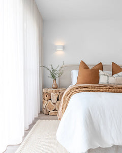 Hendrix Bedhead with feather cushioning and removable linen slipcover, timber frame upholstered bedhead for modern coastal bedroom style