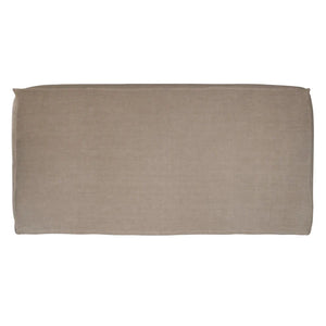 Hendrix Bedhead with feather cushioning and removable linen slipcover, timber frame upholstered bedhead for modern coastal bedroom style.