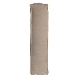 Hendrix Bedhead in oatmeal with feather cushioning and removable linen slipcover, timber frame upholstered bedhead for modern coastal bedroom style.  Side perspective.