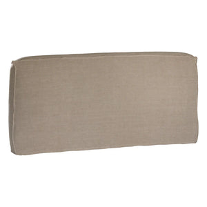 Hendrix Bedhead in oatmeal with feather cushioning and removable linen slipcover, timber frame upholstered bedhead for modern coastal bedroom style.